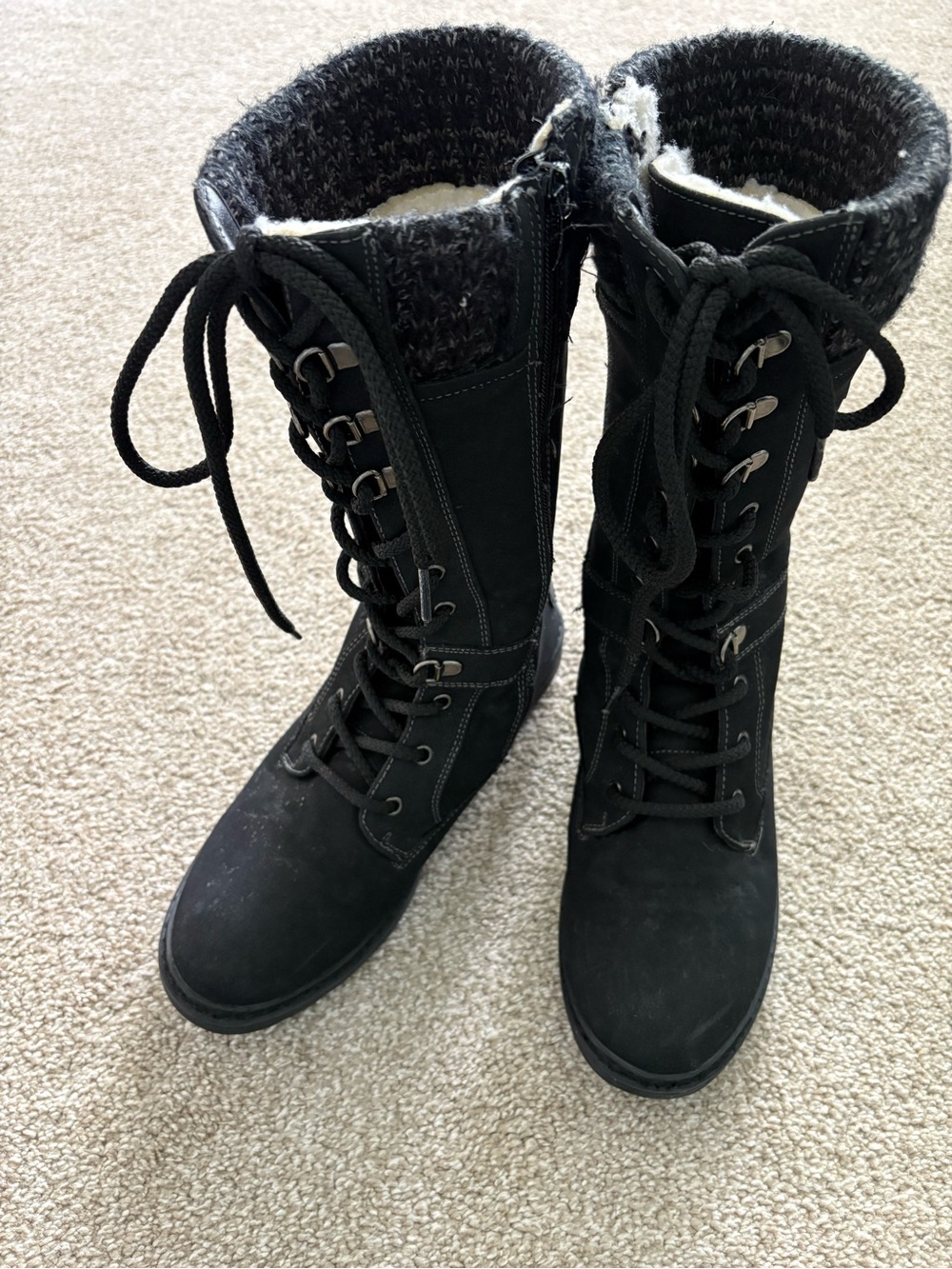 Patrizia Heroness Spring Step Black Mid-Calf Snow Boots Faux Fur Knit Lace Up 8B